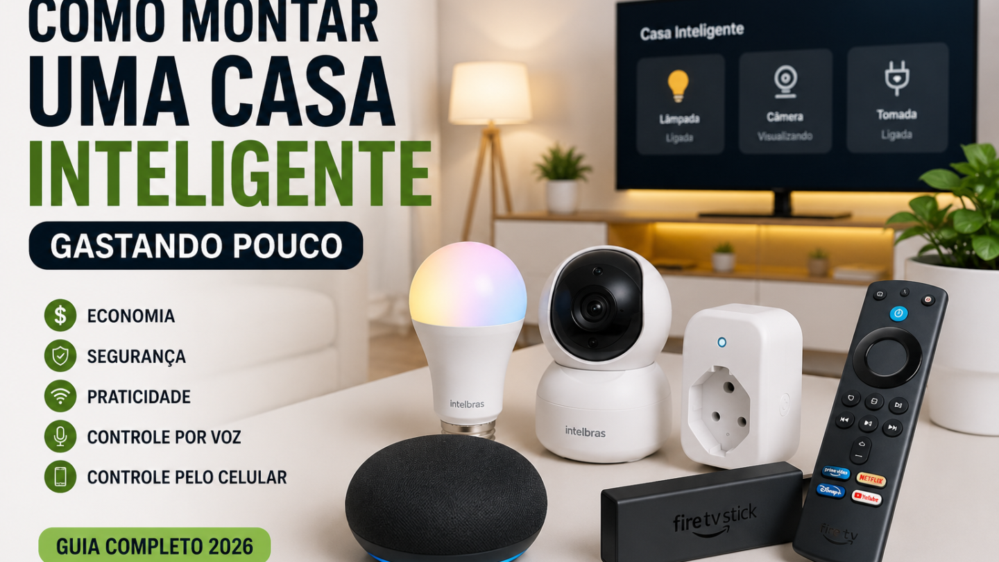 Sala moderna com dispositivos de casa inteligente, incluindo Fire TV Stick, câmera Wi-Fi, lâmpada inteligente, tomada inteligente e assistente virtual, representando um guia para montar uma casa inteligente gastando pouco.