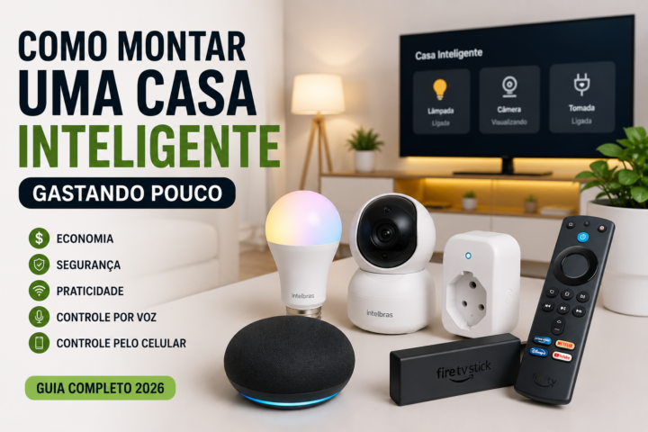 Sala moderna com dispositivos de casa inteligente, incluindo Fire TV Stick, câmera Wi-Fi, lâmpada inteligente, tomada inteligente e assistente virtual, representando um guia para montar uma casa inteligente gastando pouco.